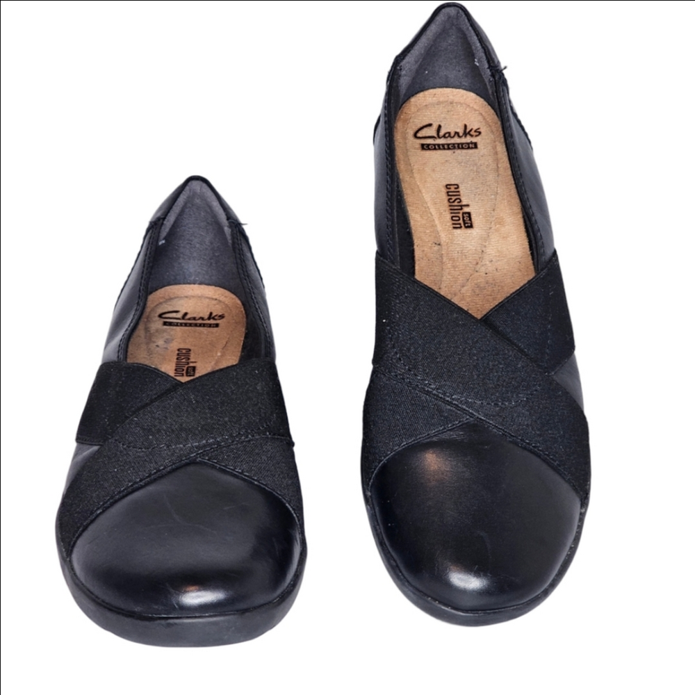 Clarks Medora Jem Slip On Black Leather Elastic Strap Flats, Women's Size 10M